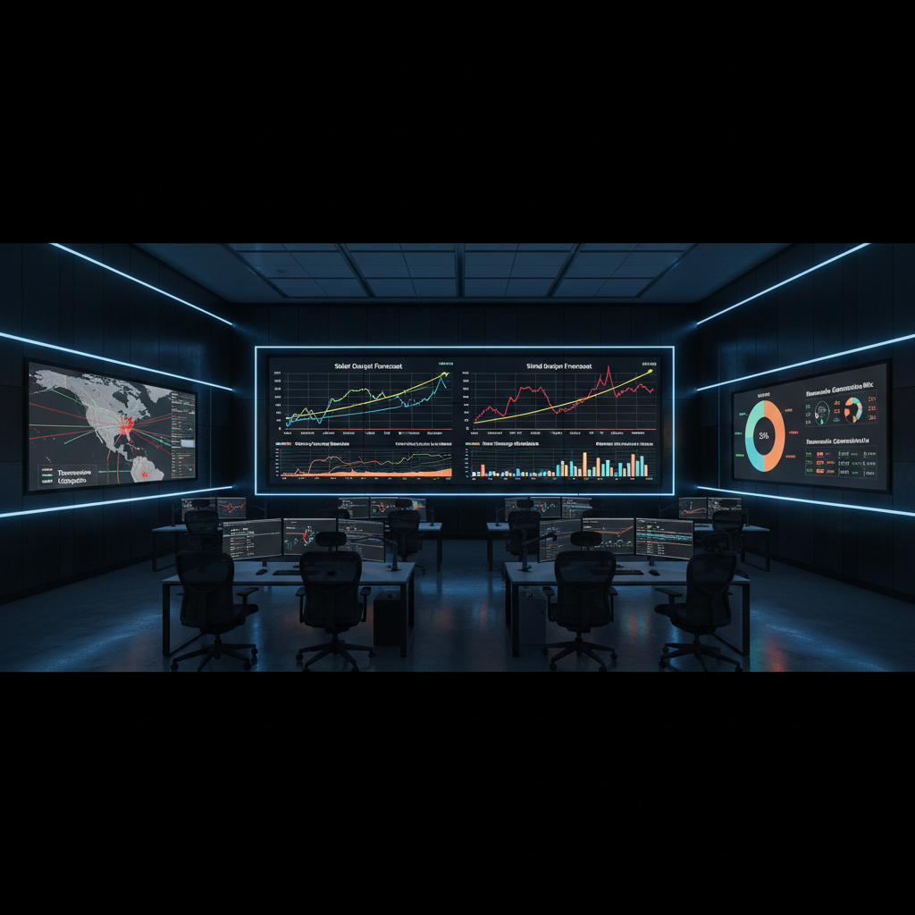 A cinematic, wide photographic shot of a modern grid control room filled with high-resolution wall displays showing real-time renewable generation, locational marginal prices, and transmission congestion maps. The main focus is a central screen visualizing solar and wind output forecasts aligned with dynamic pricing curves and storage dispatch schedules. The room itself is sleek and understated, with dark panels, subtle LED accents, and neatly arranged workstations without visible occupants. Dim overall lighting is contrasted by the cool, crisp glow of the data displays, creating an analytical, mission-critical atmosphere. Captured from a slightly elevated, wide-angle perspective with sharp focus, the image feels sophisticated, data-driven, and aligned with institutional energy market strategy.