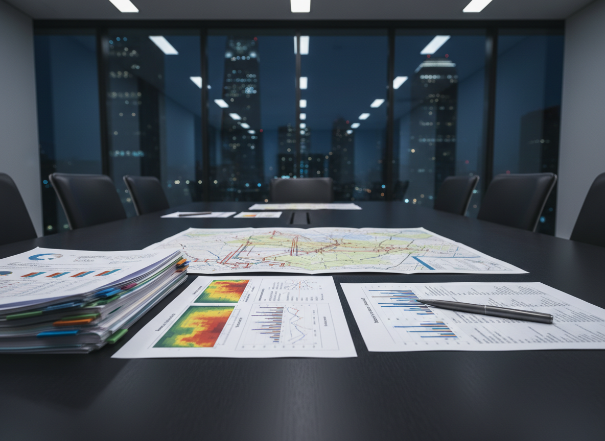 A close-up photographic view of a dark, matte conference table covered with highly organized renewable energy investment materials: color-coded project finance models, heat-mapped risk matrices, and a large, folded map showing interconnection points and nodal pricing zones. A slim graphite pen rests precisely parallel to a printed sensitivity analysis. The environment is a sophisticated boardroom with a city skyline faintly visible through a blurred glass wall in the background. Cool, even artificial lighting from recessed ceiling fixtures creates crisp, clean highlights on the paper and muted reflections on the table surface. Shot from a low, side-on angle with moderate depth of field, the composition emphasizes rigor, clarity, and strategic discipline in a professional, institutional context.