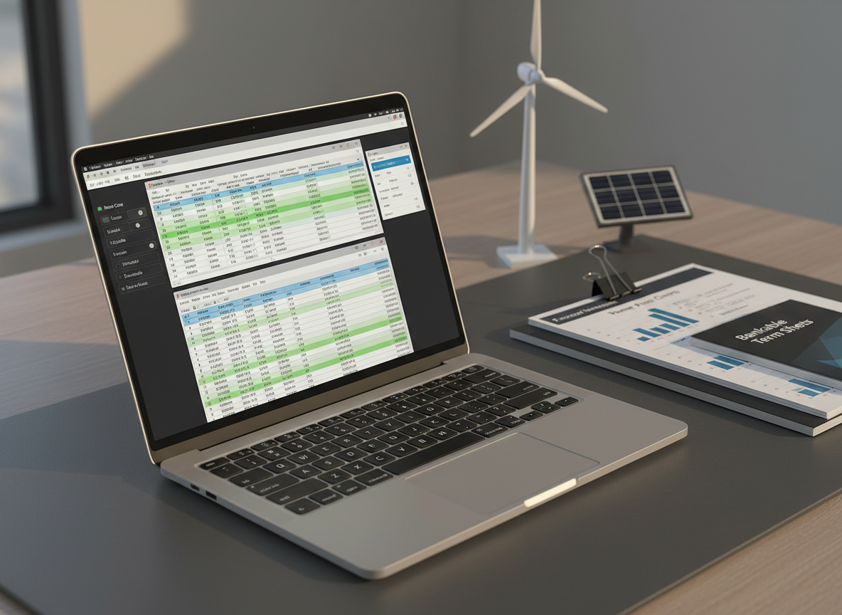 A detailed tabletop scene featuring a slim, brushed-aluminum laptop open to a complex financial model of a wind farm portfolio, with layered spreadsheets, scenario toggles, and a tidy dashboard of key metrics. Next to it lies a neatly arranged stack of printed power price curves and bankable term sheets, clipped with a minimalist stainless steel binder. The setting is a clean, modern office desk in muted charcoal and slate tones, with a single small model turbine and solar panel as accents. Soft afternoon natural light from an unseen window casts controlled shadows, creating a focused yet calm atmosphere. Captured from a slightly elevated angle with shallow depth of field, in photographic realism, conveying precision, organization, and institutional professionalism.