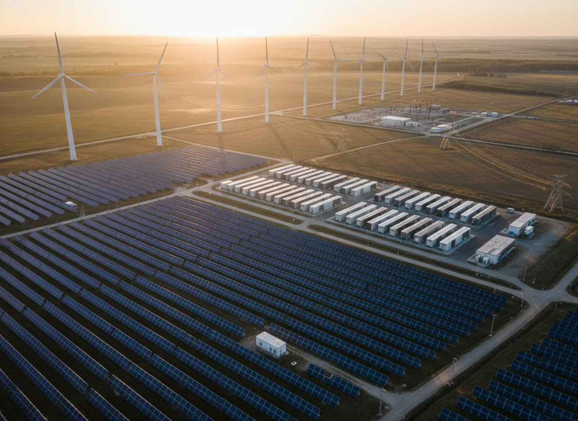 An expansive aerial photographic view of a diversified renewable energy landscape: utility-scale solar arrays with deep-blue panels, a line of white wind turbines turning steadily, and a compact battery storage facility with geometric, modular enclosures. Subtle transmission lines lead toward a distant, modern substation, hinting at grid integration. The scene is bathed in soft golden-hour light, creating warm highlights on metal surfaces and long, gentle shadows across the terrain. Shot from a high, cinematic angle with crisp detail throughout, using a clean and modern photographic realism style. The mood is optimistic and strategic, suggesting large-scale, bankable energy investments harmoniously integrated into the landscape.